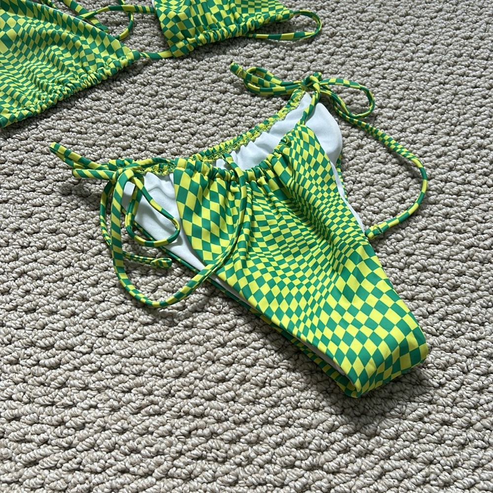 Checkerboard Yellow And Green String Bikini Set - image 3